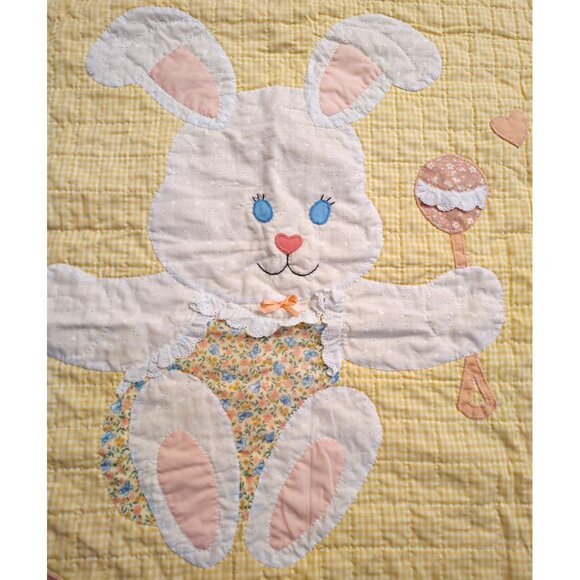 Handmade Vintage Baby Blanket, Yellow Gingham Bunny Rabbit Easter Spring Lace - Picture 1 of 3